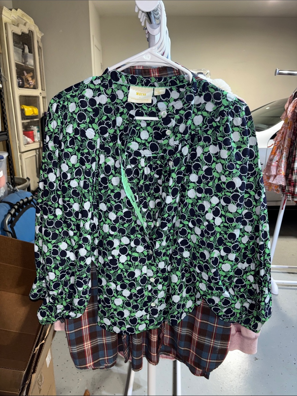 Maeve Green Black White Floral Button-Up Blouse